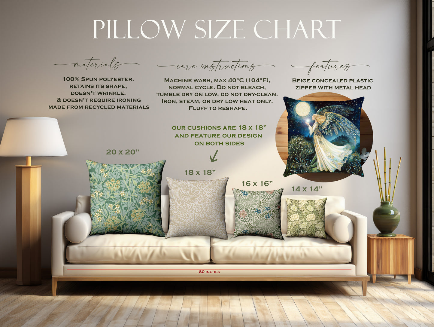 Moonlit Angel Faux Suede Cushion – 18x18” Velvet Feel Folklore Art Pillow with Plump Insert