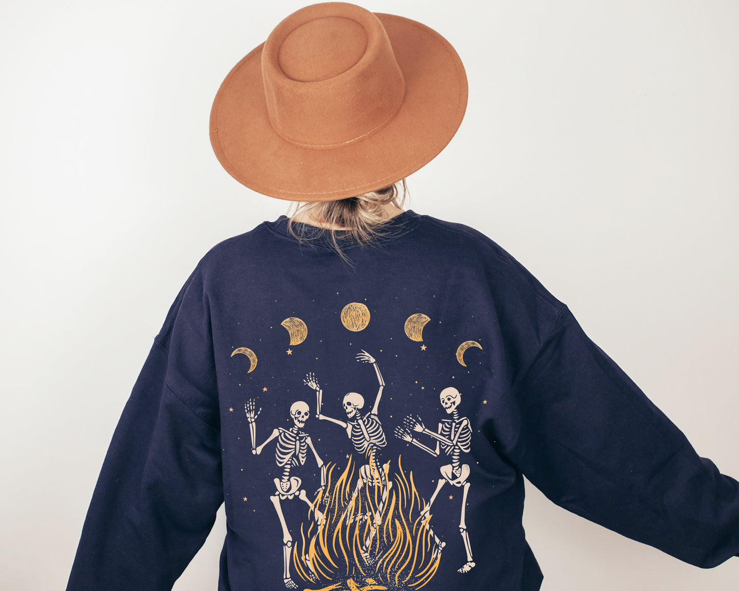 Navy sweatshirt with Dancing Skeletons back print,. Perfect for Festivals