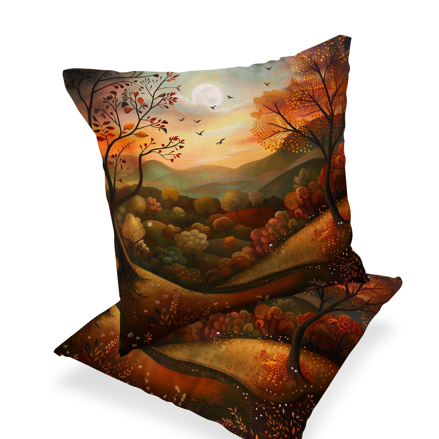 Celestial Autumn Reverie Cushion – 18x18” Velvet Feel Folklore Art Pillow with Plump Insert