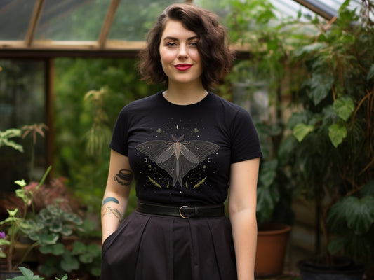 Black T-Shirt with moonlight fairy moth design