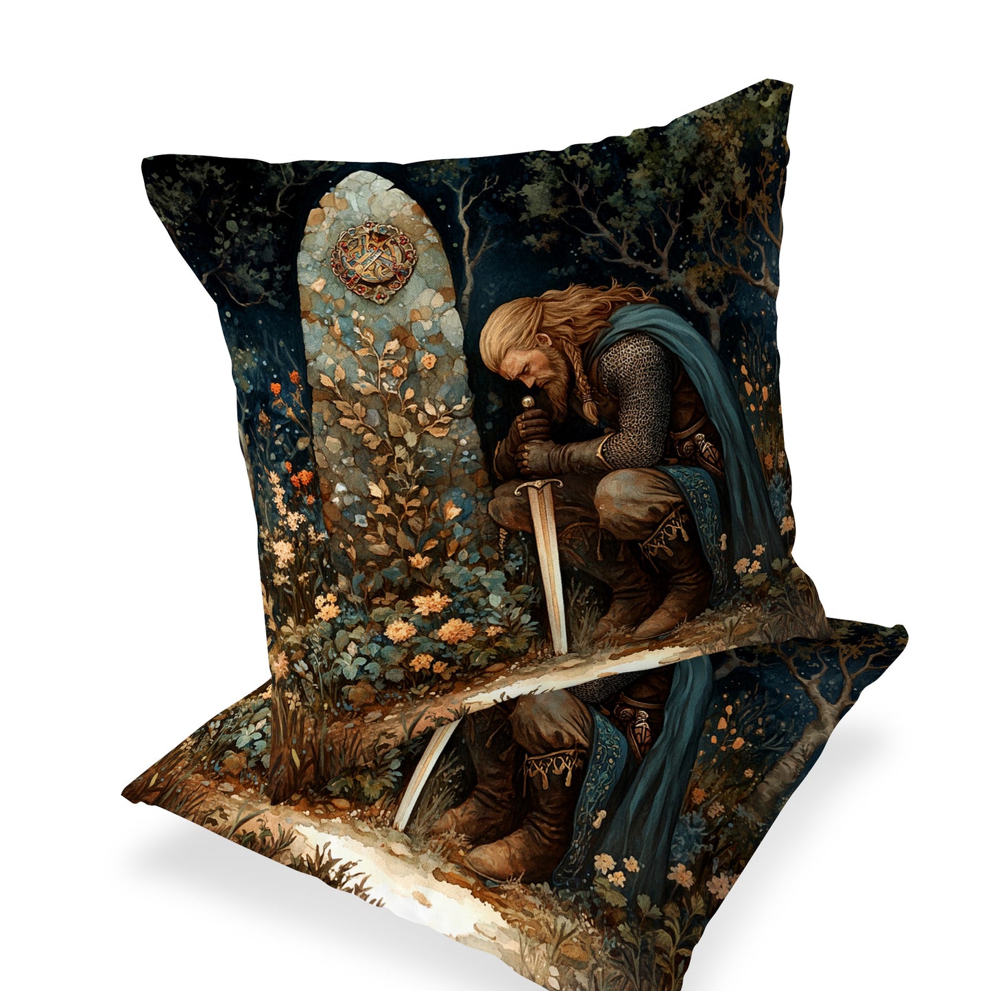 Prince Llewellyn at Gelert’s Grave Cushion – 18x18” Velvet Feel Welsh Folklore Art Pillow with Plump Insert