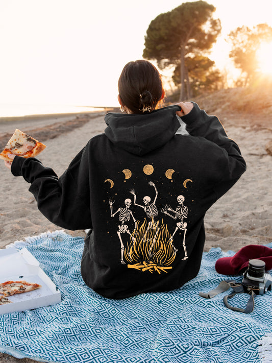 Dancing Skeleton and Bonfire Hoodie in black