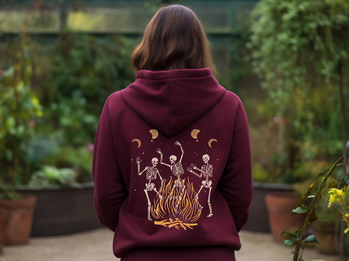 Dancing Skeleton and Bonfire Hoodie in maroon