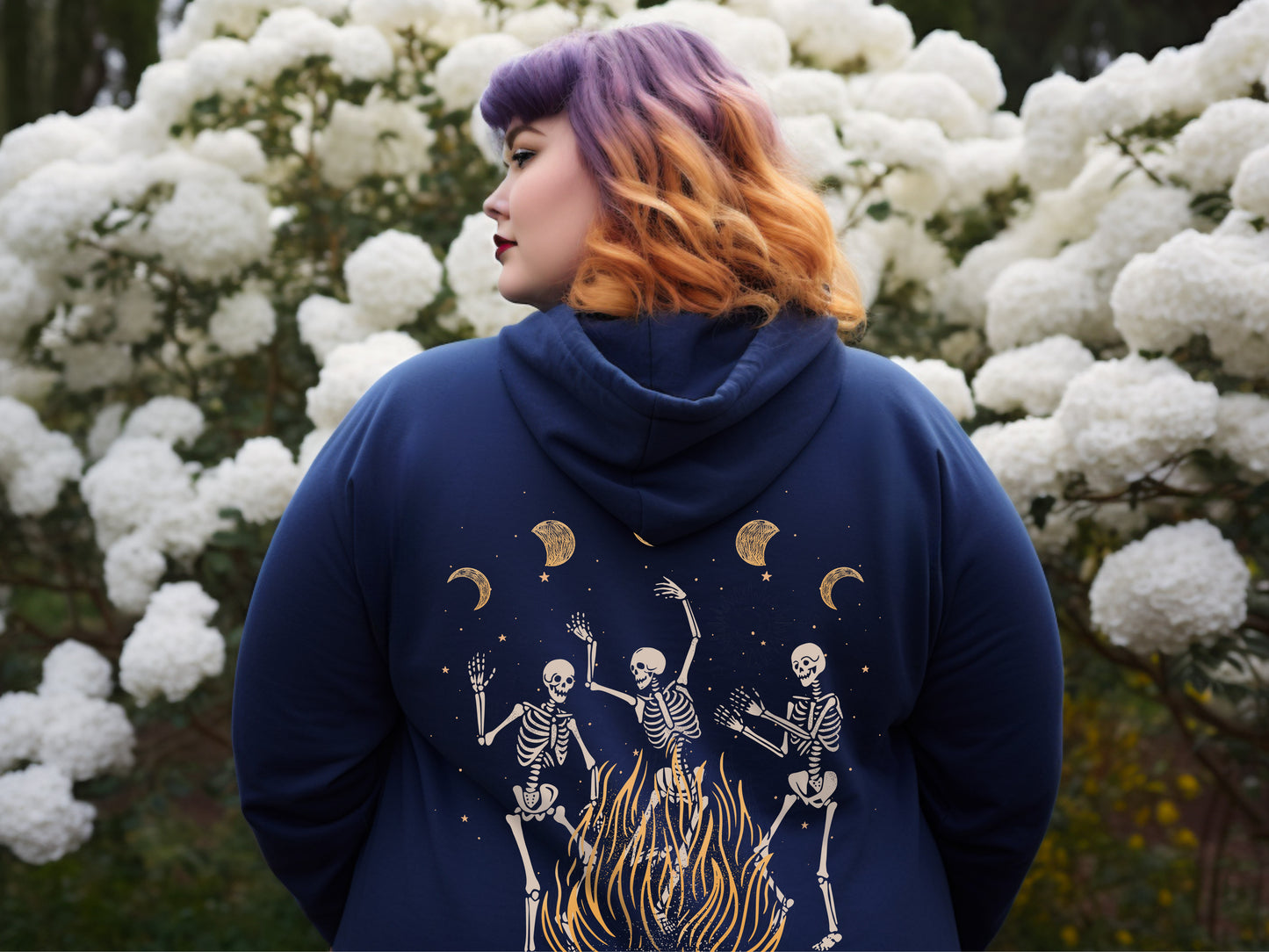 Dancing Skeleton and Bonfire Hoodie in navy