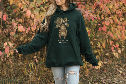 Forest Green hoodie featuring a cute baby Mandrake design