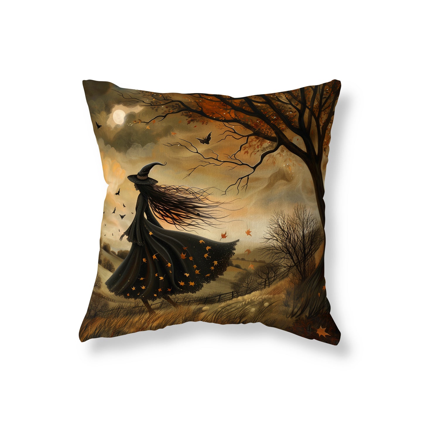 All Hallows’ Twilight Cushion – Witch in the Autumn Meadow, 18x18" Faux Suede, Autumn Witchy Home Decor