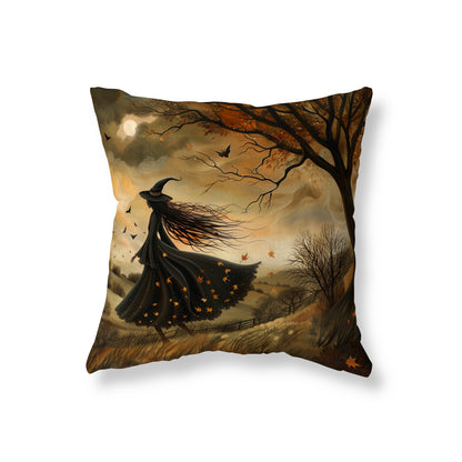 All Hallows’ Twilight Cushion – Witch in the Autumn Meadow, 18x18" Faux Suede, Autumn Witchy Home Decor