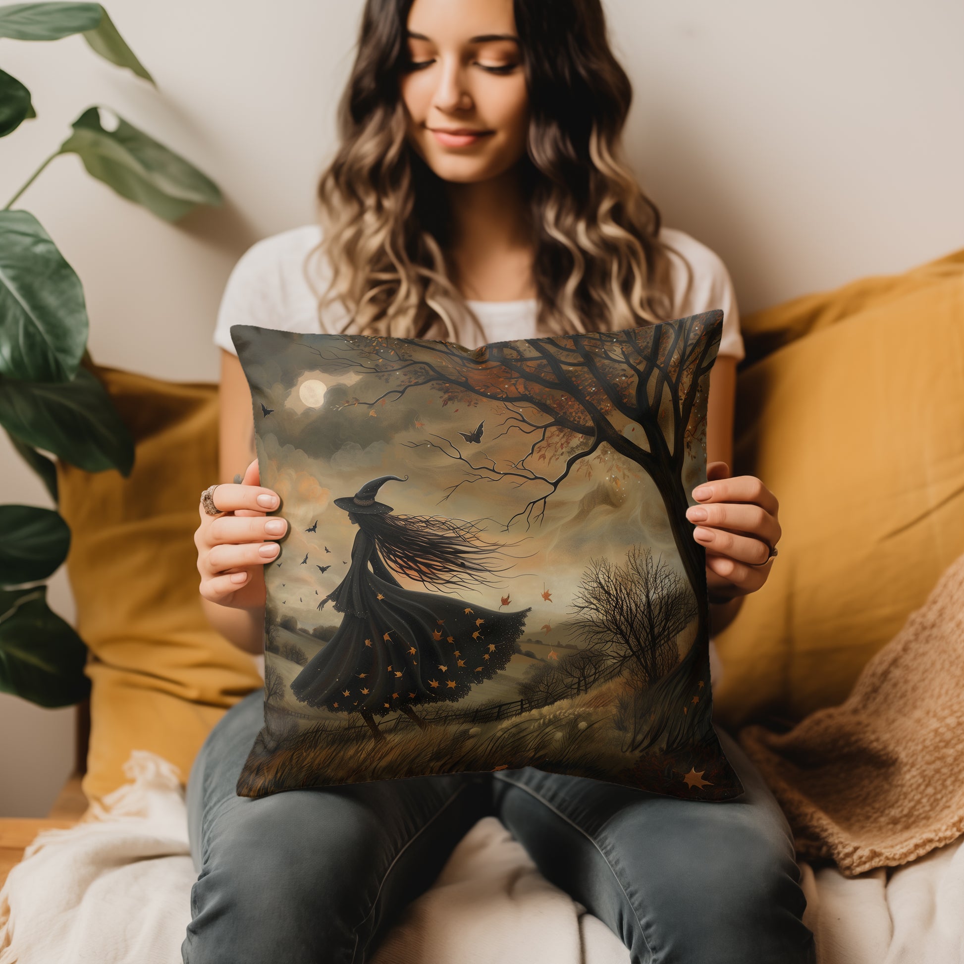 Pillow  featuring a witch in an autumn meadow under a twilight sky