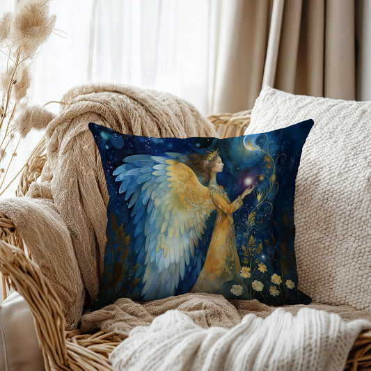 Enchanted Angel Faux Suede Cushion – 18x18” Velvet Feel Folklore Art Pillow with Plump Insert