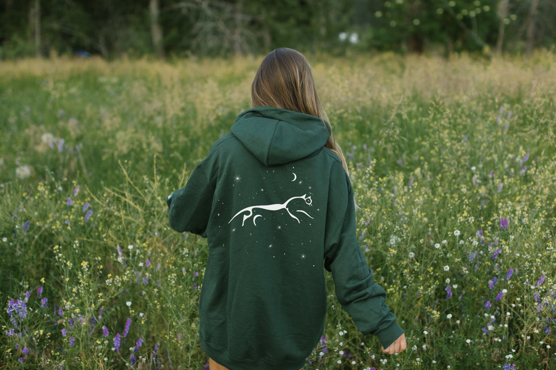 Celestial Back Print Hoodie in Forest Green