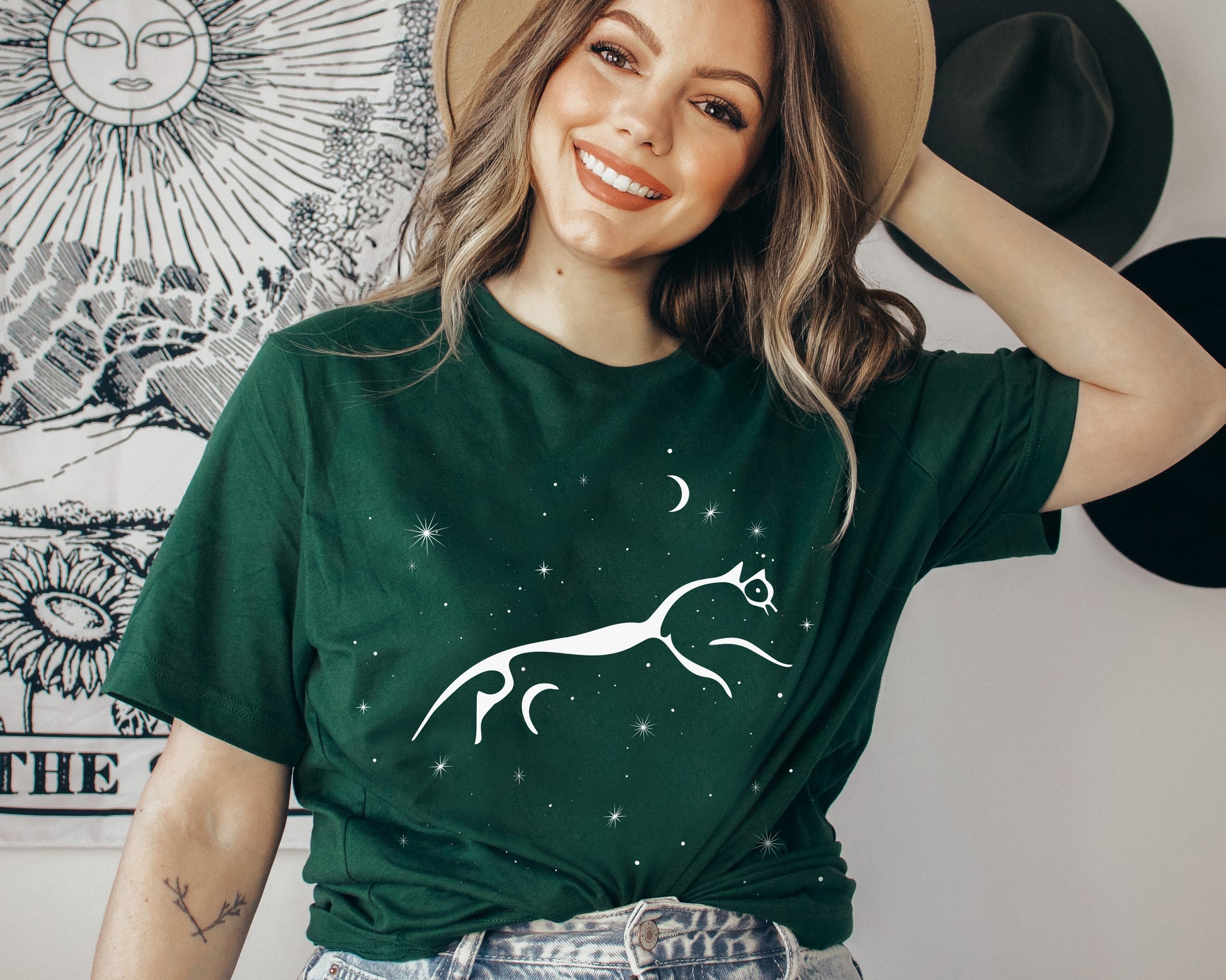 Celestial Uffington Horse T-Shirt in Forest green