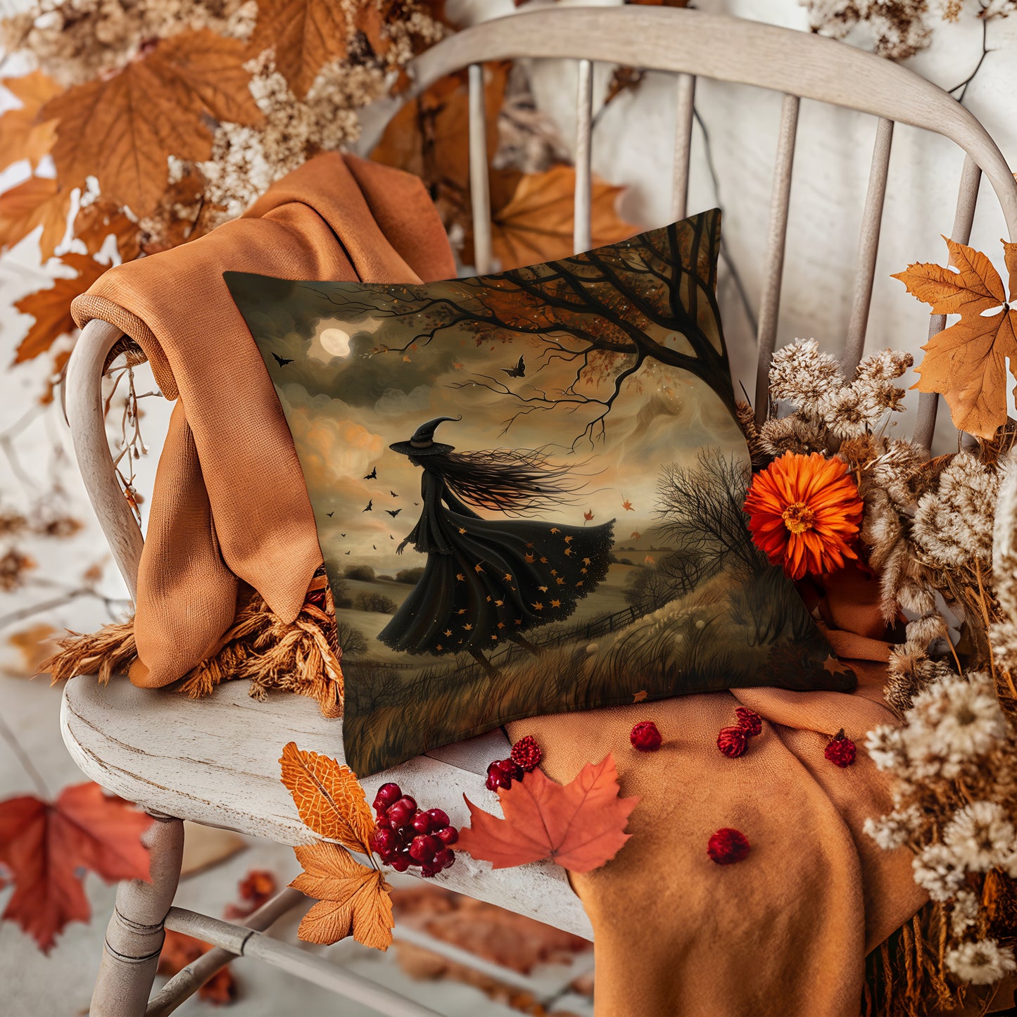 All Hallows’ Twilight Cushion – Witch in the Autumn Meadow, 18x18" Faux Suede, Autumn Witchy Home Decor