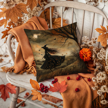 All Hallows’ Twilight Cushion – Witch in the Autumn Meadow, 18x18" Faux Suede, Autumn Witchy Home Decor