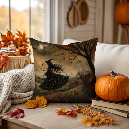 Cushion featuring a witch in an autumn meadow under a twilight sky