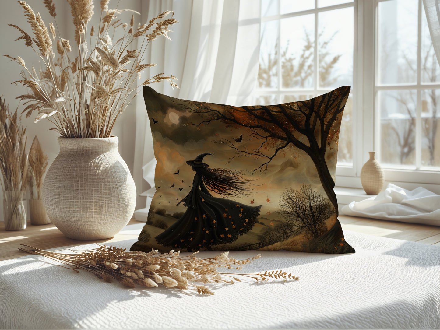 All Hallows’ Twilight Cushion – Witch in the Autumn Meadow, 18x18" Faux Suede, Autumn Witchy Home Decor
