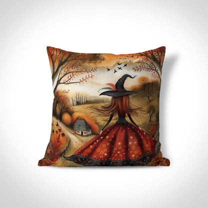 Decorative pillow with a witch design on a white background