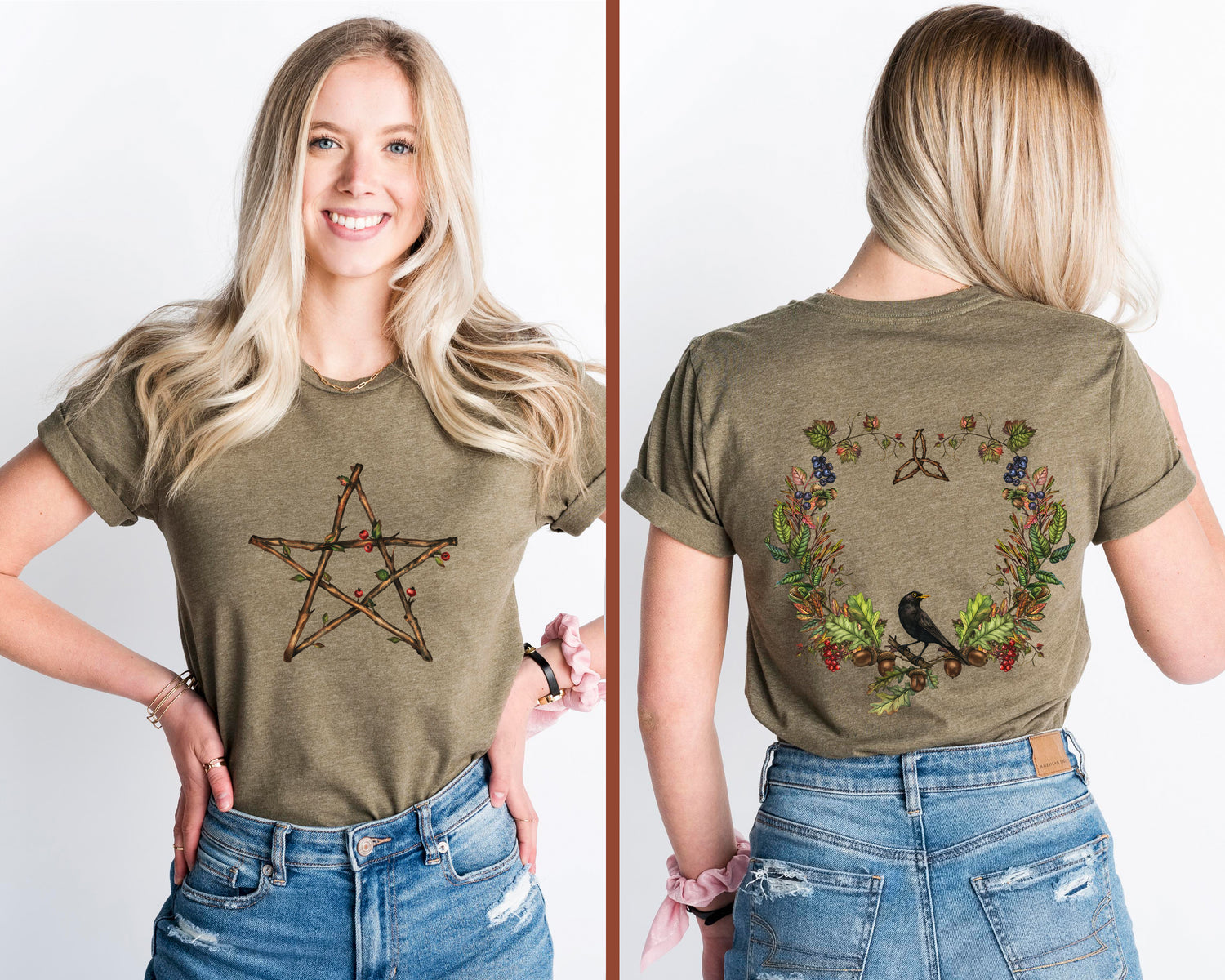 Double Sided Pentacle T-Shirt in Heather Olive