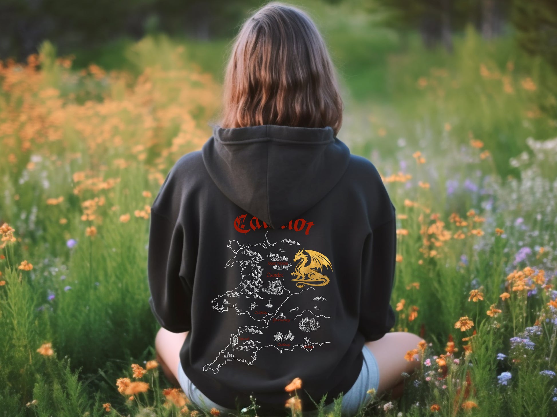 King Arthur's Camelot Hoodie with Front and Back Print in Black