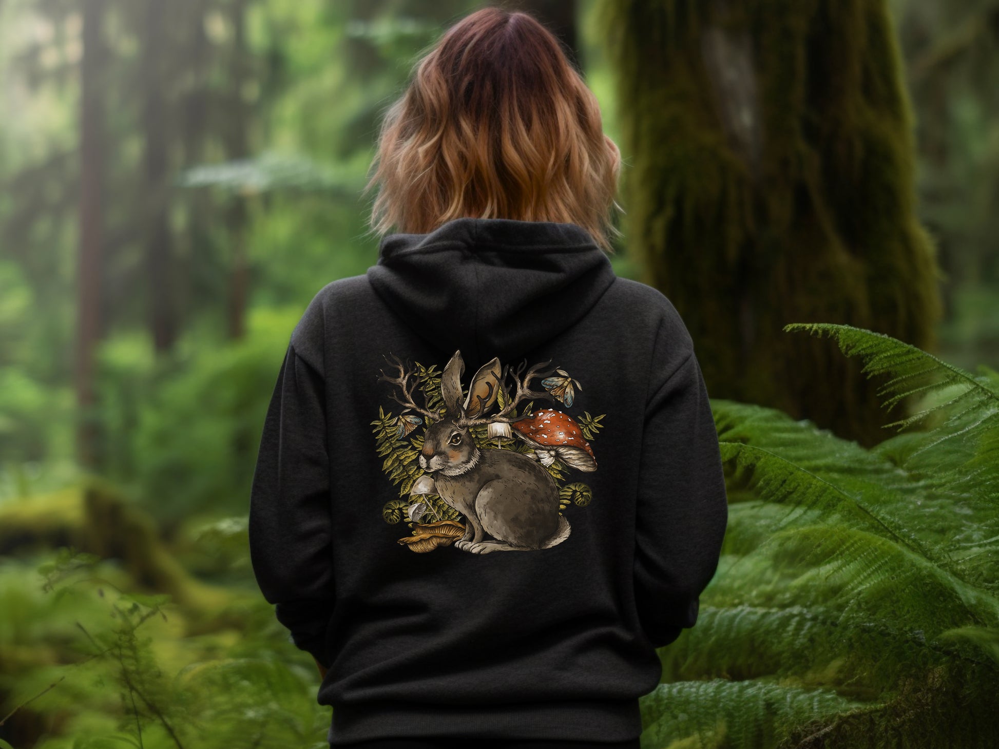 Jackalope hoodie with front and back print in black