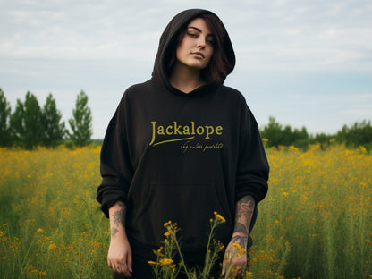 Jackalope hoodie with front and back print in black