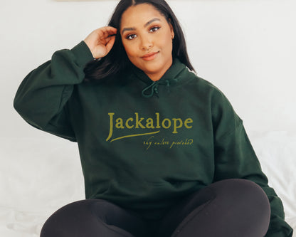 Jackalope hoodie with front and back print in forest green