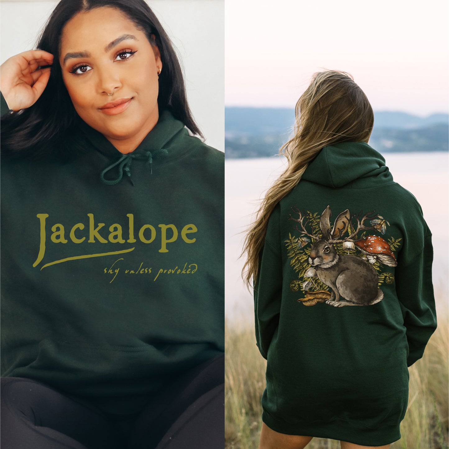 Jackalope hoodie with front and back print in forest green