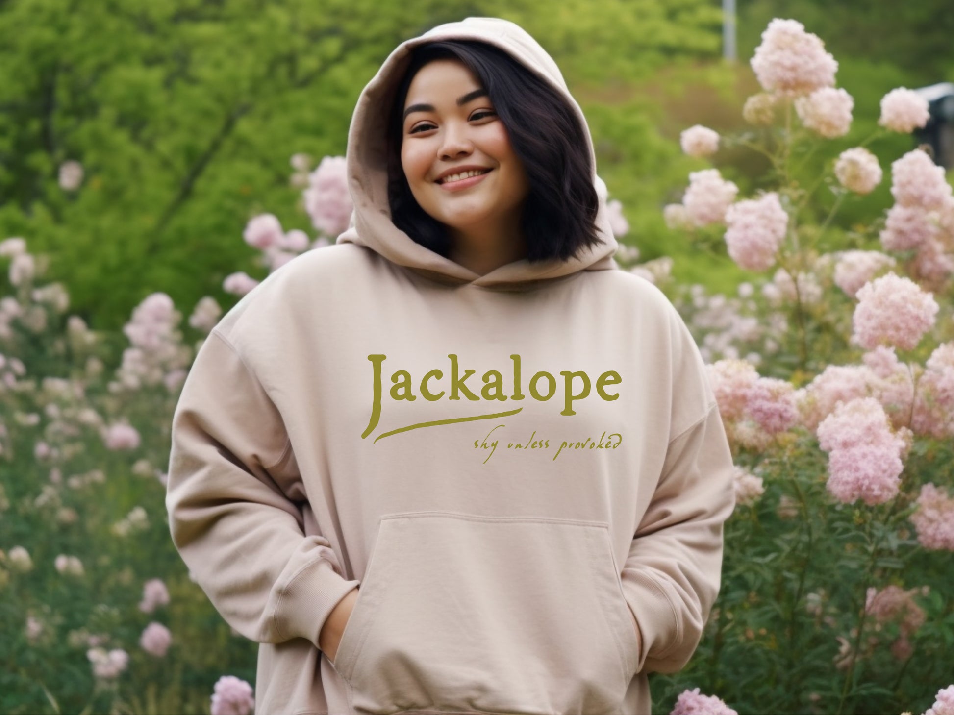 Jackalope hoodie with front and back print in sand