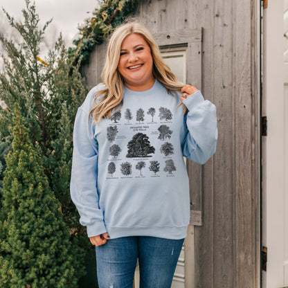 Light Blue colour unisex Sweatshirt with enchanted trees design listing their magical properties 