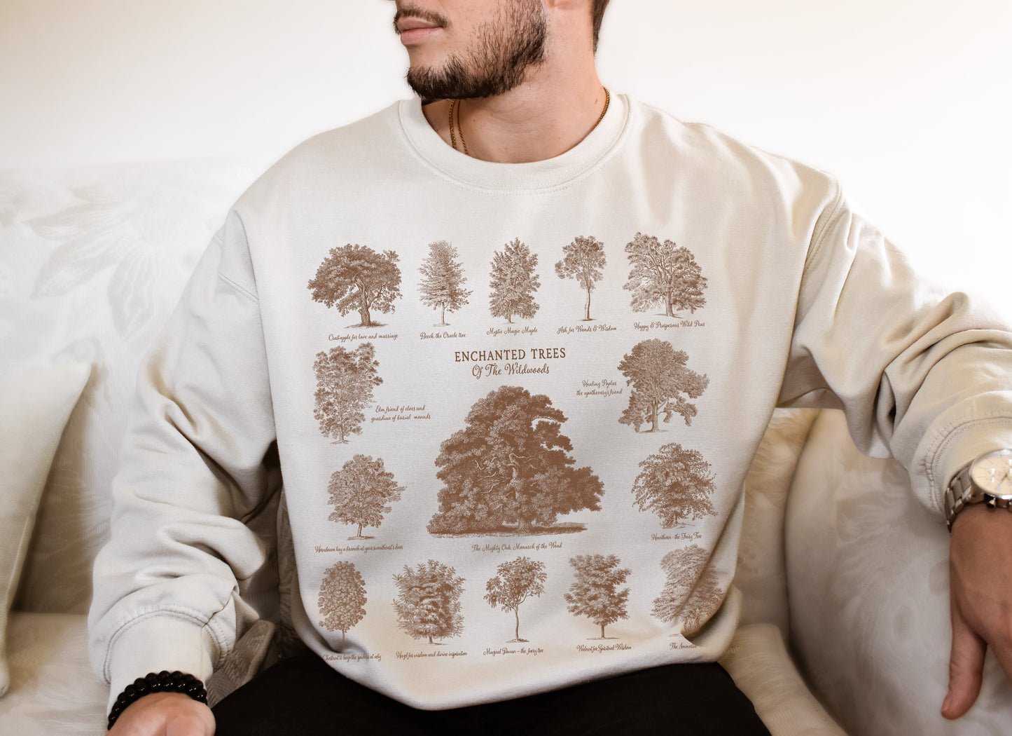 Sand colour unisex Sweatshirt with enchanted trees design listing their magical properties 