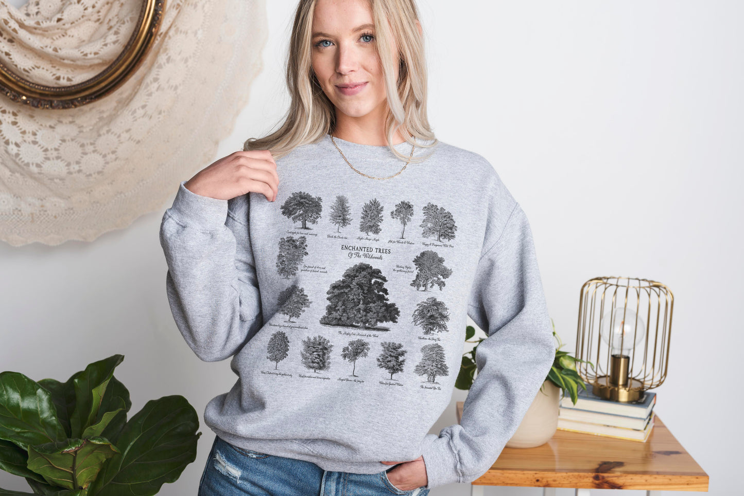 Sports Grey colour unisex Sweatshirt with enchanted trees design listing their magical properties 